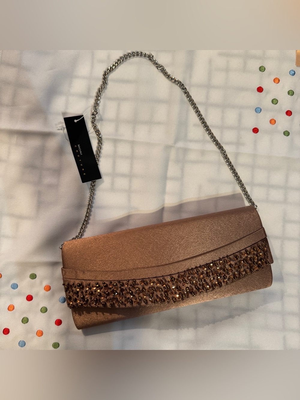 NWT Moni Couture Beaded Evening Clutch – Rose Gold / Bronze Satin Shoulder Bag